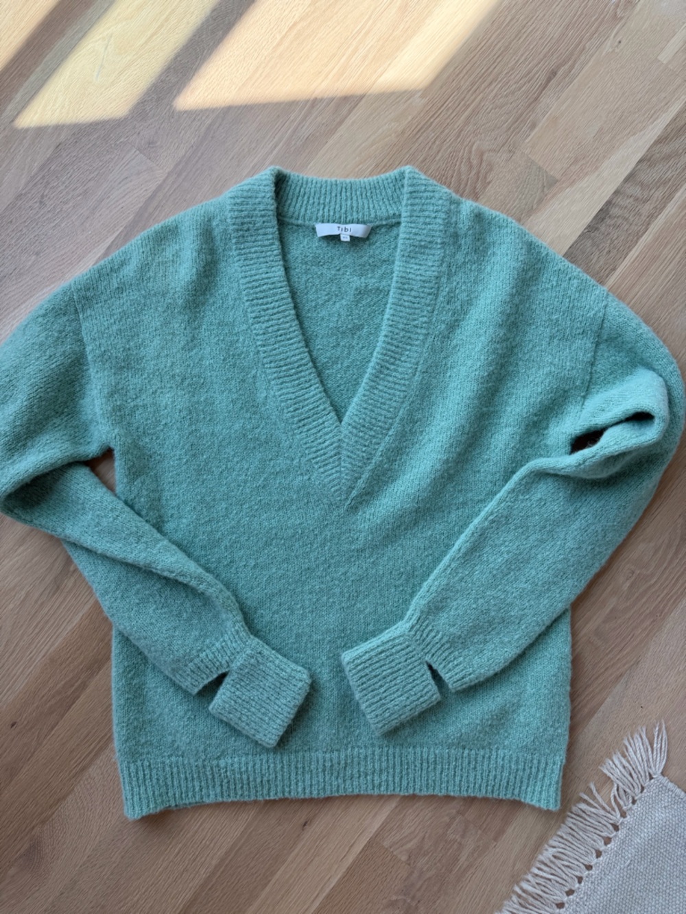 Tibi Seafoam Green Deep V-Neck Alpaca Sweater